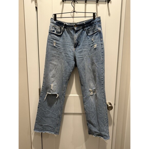 ZARA Women's Blue High Waisted Flare Jeans Wide Leg Raw Hem 90's Size 10 Box B - Picture 1 of 3